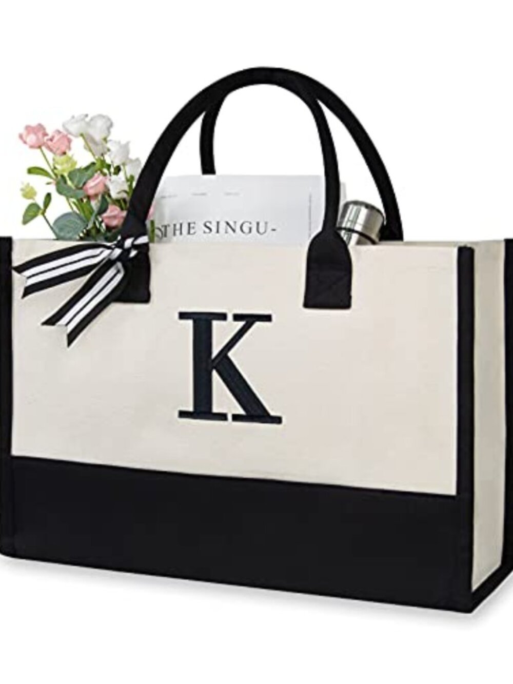 Personalized Initial Canvas Beach Tote, Monogrammed Gift Bag for Women, Heavy